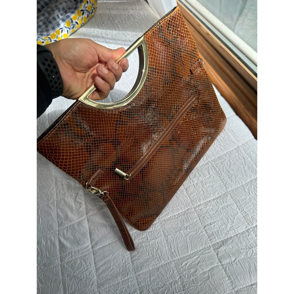 White House Black Market Brown Snake Print Clutch Crossbody Bag Gold Handle